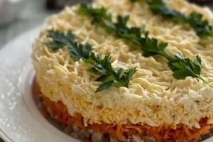 Салат складається з чотирьох продуктів – м'яса курки, яєць, моркви по-корейськи й сиру