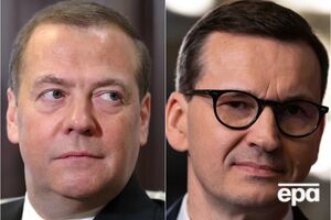 Моравецкий (справа) сказал, что РФ "очень быстро" проиграет в случае войны против НАТО, Медведев назвал его "глупым премьер-министром"