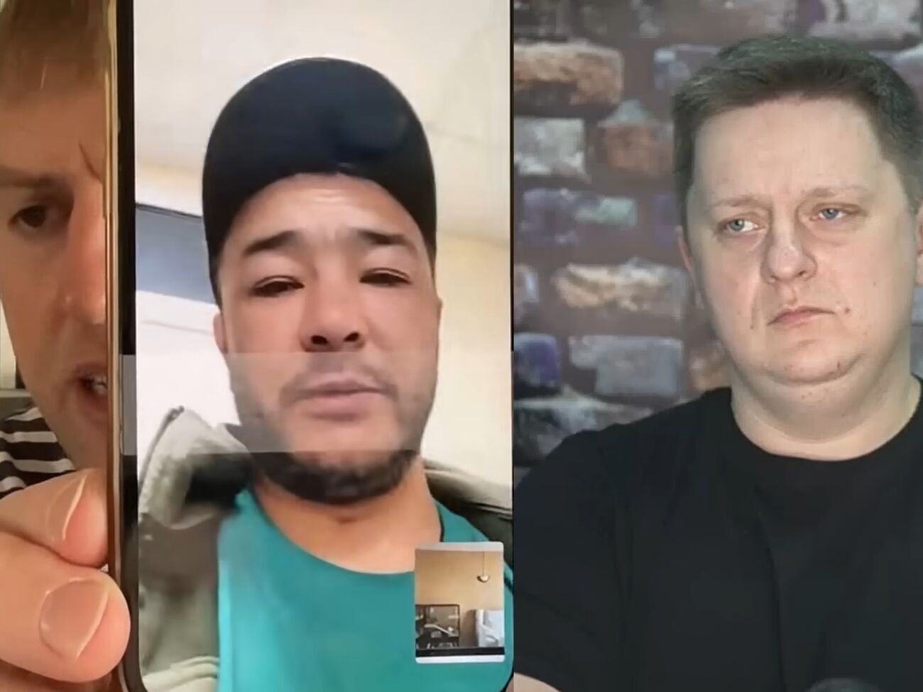 Звонок Улдарова (посередине) попал на камеру во время интервью Осечкина (слева) журналисту Шелесту (справа)