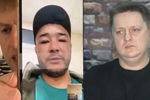 Звонок Улдарова (посередине) попал на камеру во время интервью Осечкина (слева) журналисту Шелесту (справа)