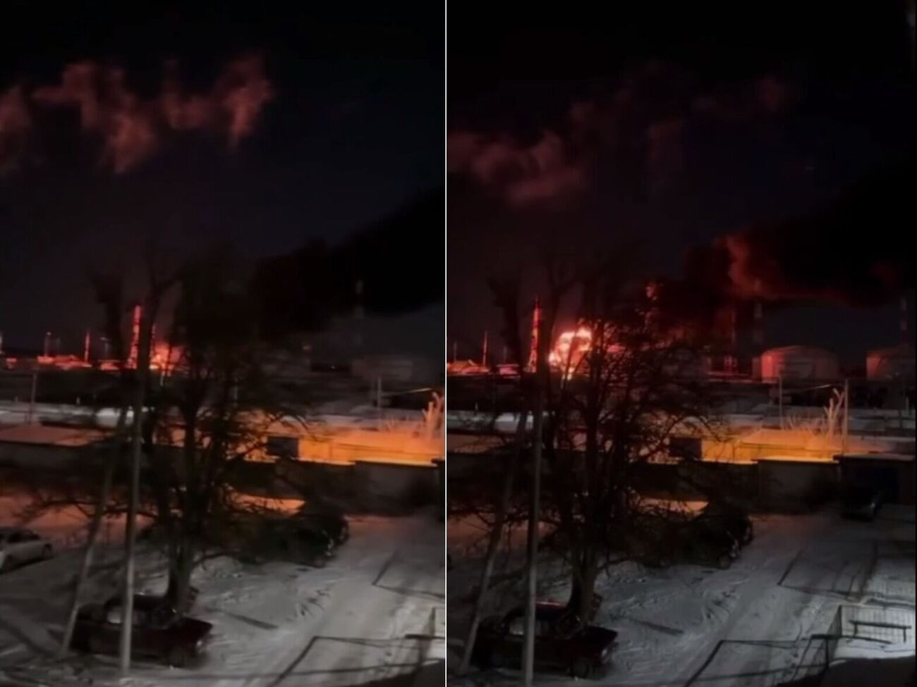 По сообщению очевидцев, на нефтебазе горит как минимум один резервуар
