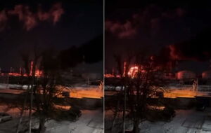 По сообщению очевидцев, на нефтебазе горит как минимум один резервуар