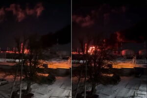 По сообщению очевидцев, на нефтебазе горит как минимум один резервуар