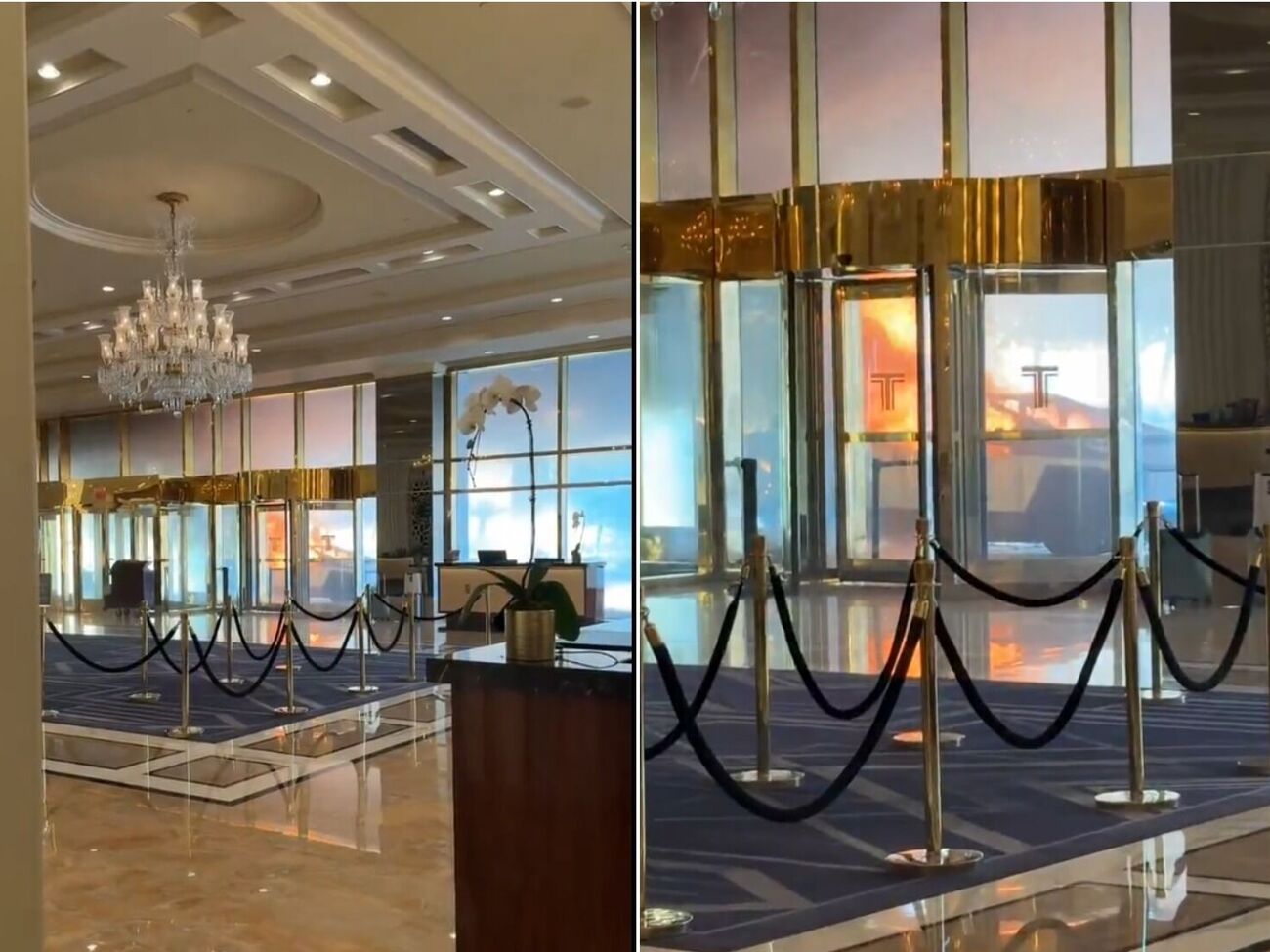 В сети распространили видео, снятое в вестибюле отеля: на кадрах видно, как горит автомобиль