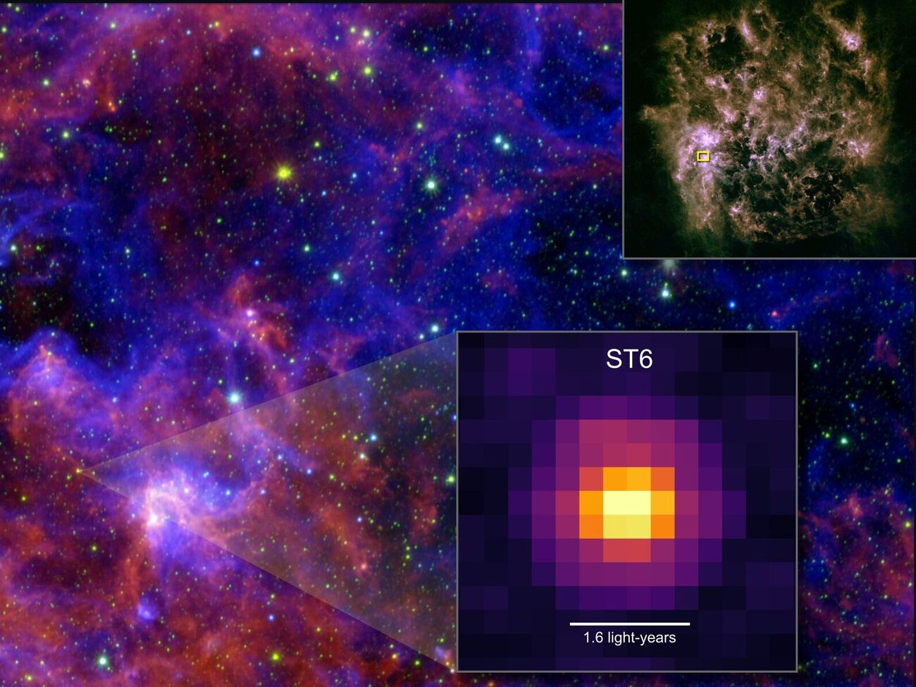 Изображение ST6, молодой звезды в Большом Магеллановом Облаке, где космический телескоп James Webb обнаружил несколько ключевых строительных блоков жизни
