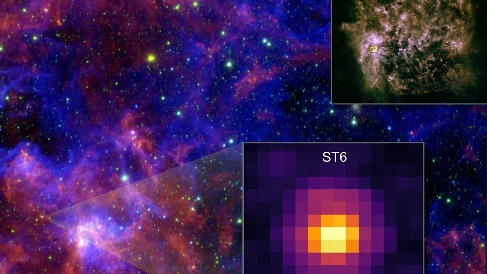 Изображение ST6, молодой звезды в Большом Магеллановом Облаке, где космический телескоп James Webb обнаружил несколько ключевых строительных блоков жизни