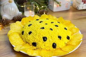 По краям салата выложите чипсы, формируя цветок подсолнуха