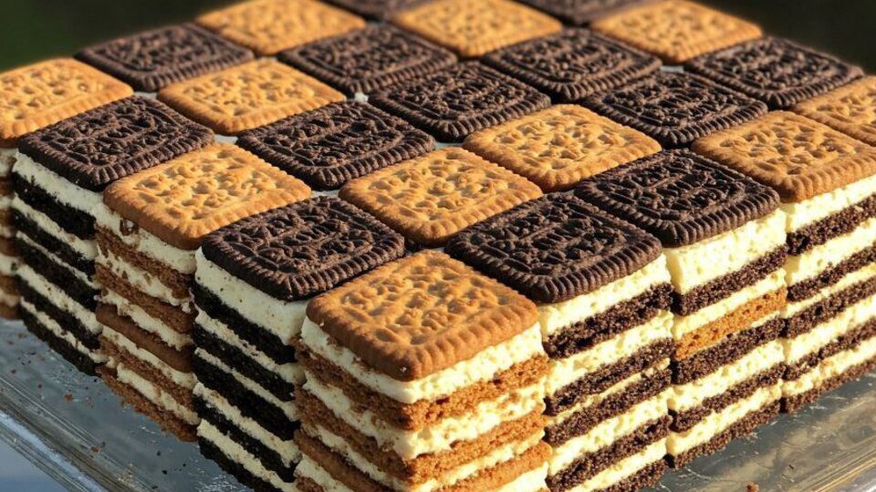 Для торта вам понадобится печенье песочного и шоколадного цвета