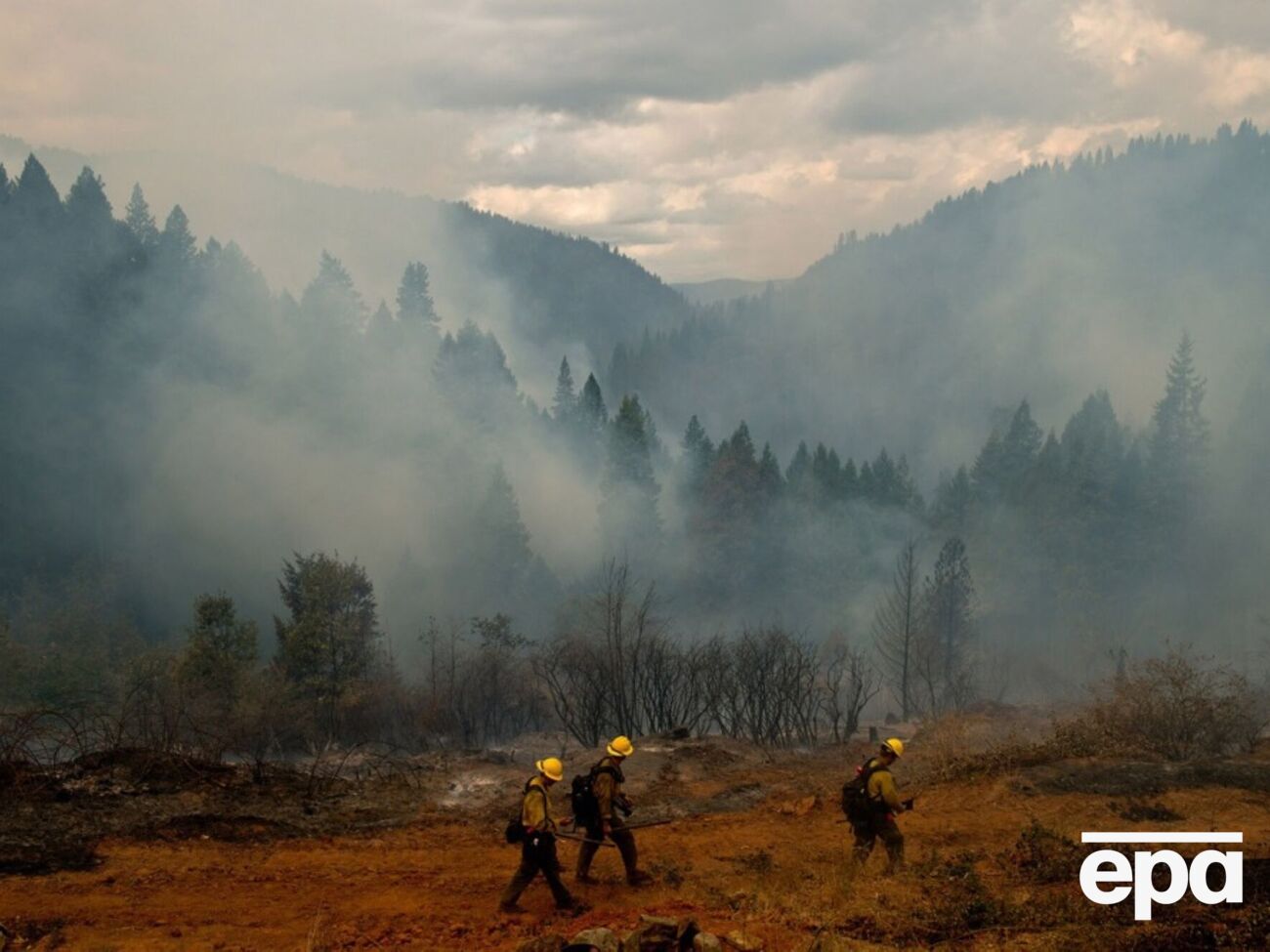 На место тушения пожара подъехали пограничники на внедорожниках и проверили документы 44 пожарных