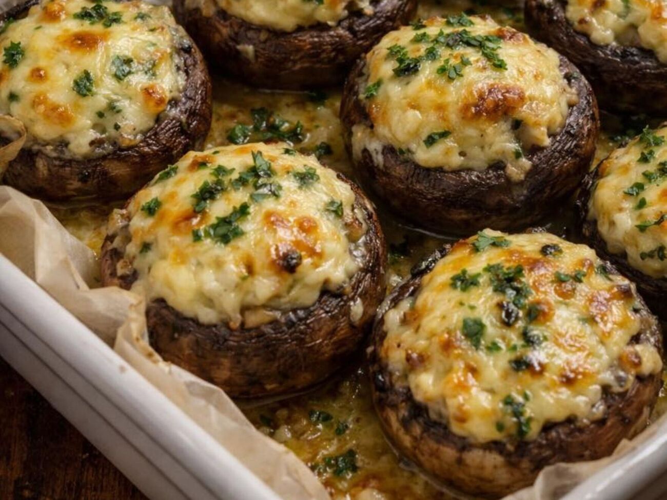 Грибы с начинкой нужно в самом конце посыпать тертым сыром