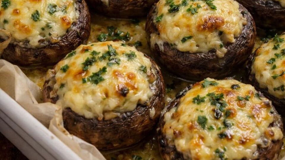 Грибы с начинкой нужно в самом конце посыпать тертым сыром
