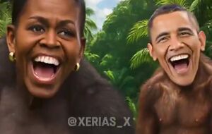 В опубликованном Трампом ролике возникает эпизод с улыбающимися Бараком и Мишель в образе обезьян