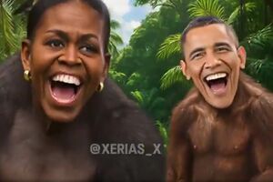 В опубликованном Трампом ролике возникает эпизод с улыбающимися Бараком и Мишель в образе обезьян