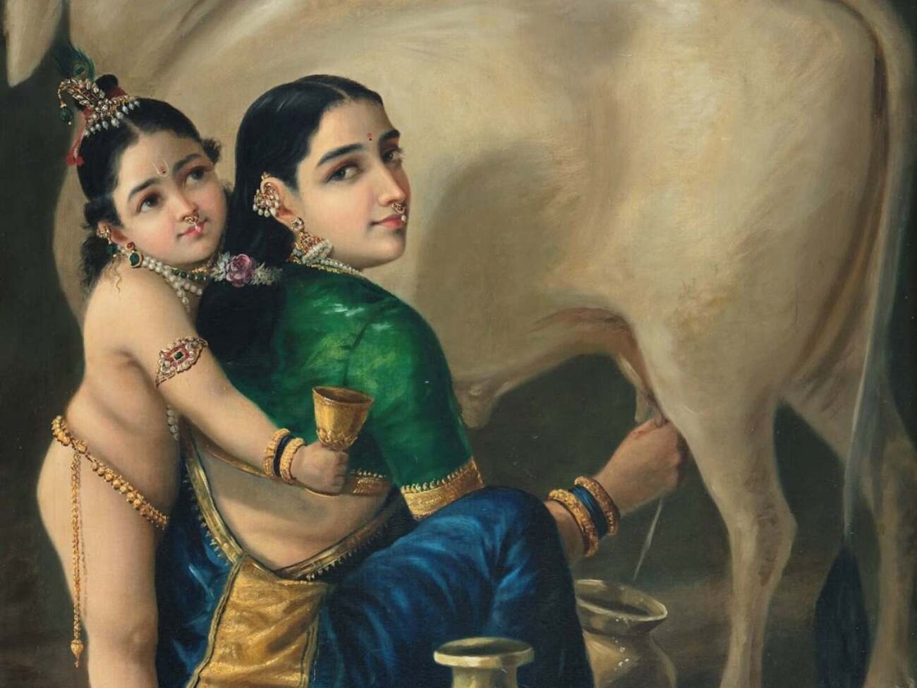 На картині зображено Крішну та його прийомну матір Яшоду, яка доїть корову