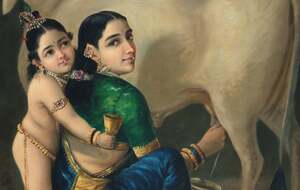 На картині зображено Крішну та його прийомну матір Яшоду, яка доїть корову