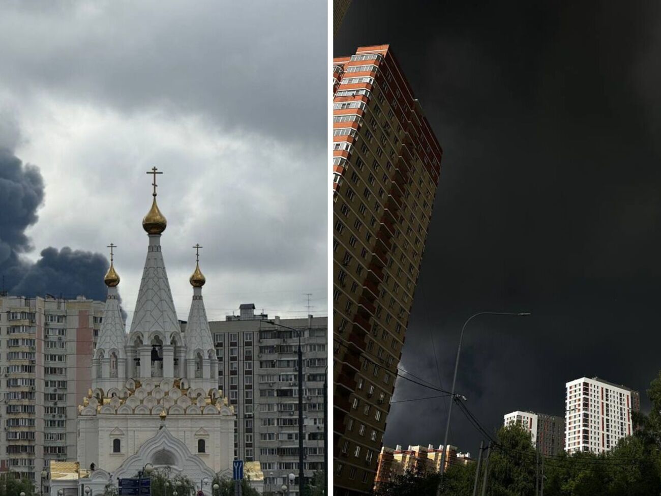 "Смотри, какая чернота", "Рассвета не будет". Москву после удара по НПЗ накрывает черный дым. Фоторепортаж