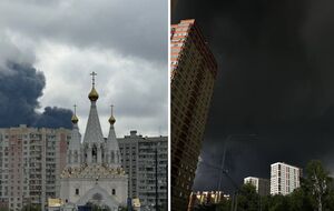 "Смотри, какая чернота", "Рассвета не будет". Москву после удара по НПЗ накрывает черный дым. Фоторепортаж