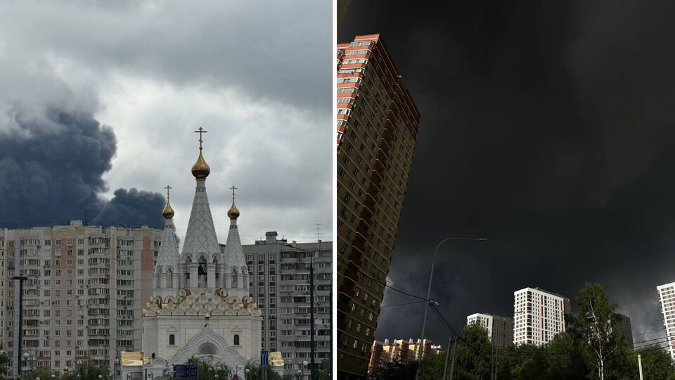 "Смотри, какая чернота", "Рассвета не будет". Москву после удара по НПЗ накрывает черный дым. Фоторепортаж